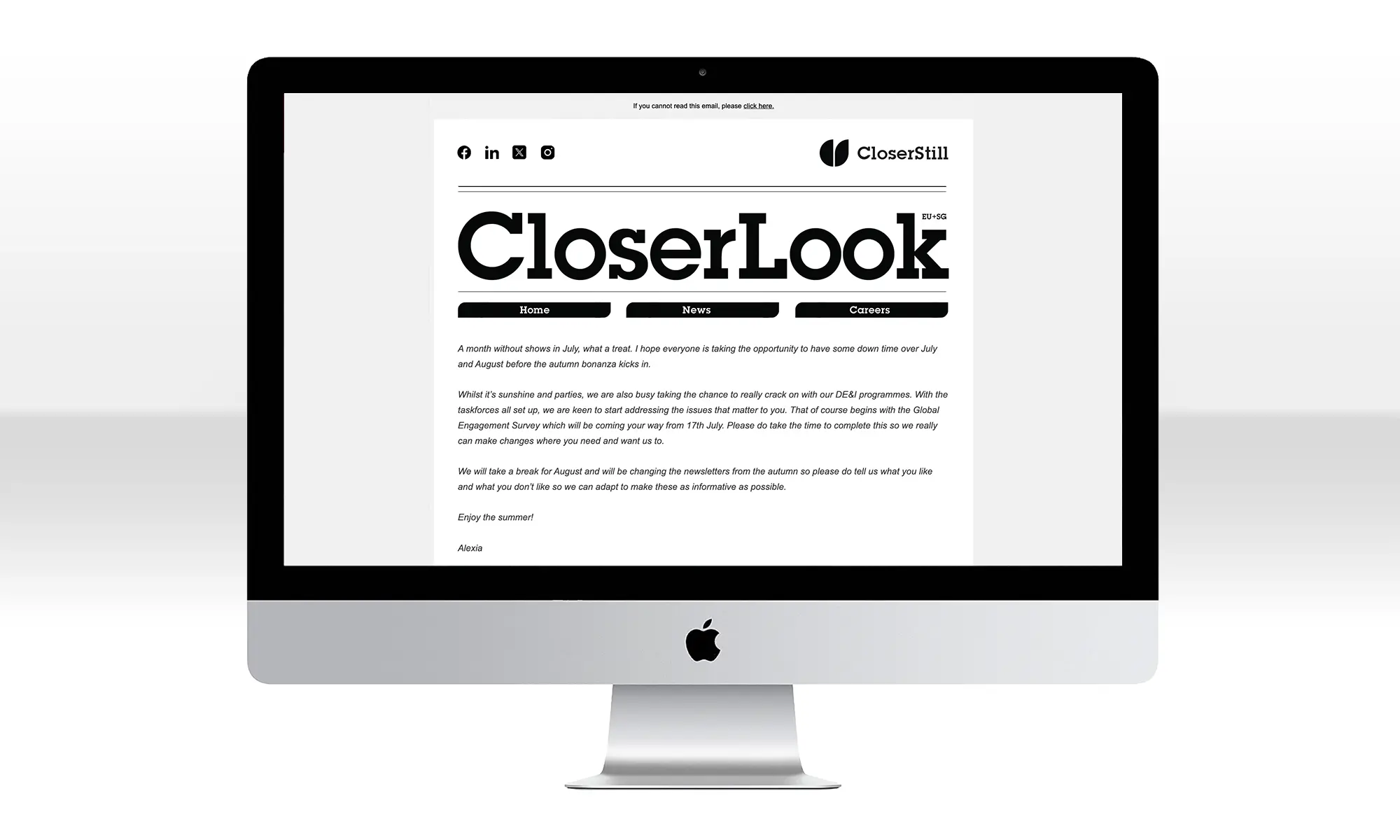 CloserStill Media digital newsletter displayed on an Apple desktop screen featuring CloserLook design created by WarmRed
