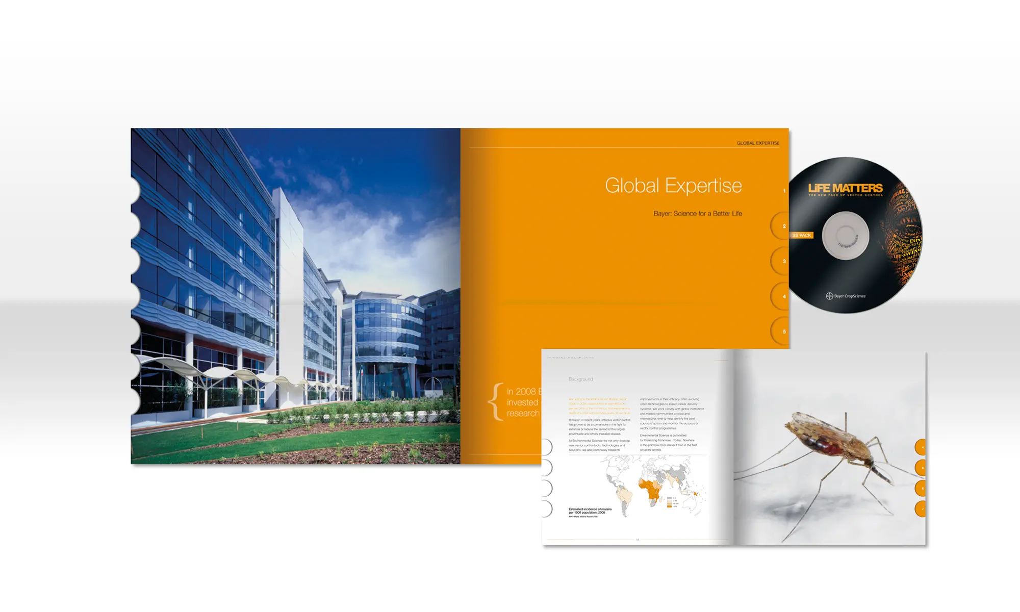 WarmRed Creative showcases a BayerCropScience corporate brochure and CD with modern architecture and global expertise theme