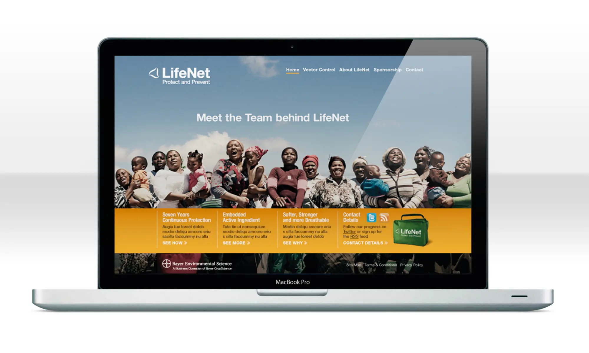 Advertising Photography: LifeNet website on a laptop showing the advert concept on the website homepage.