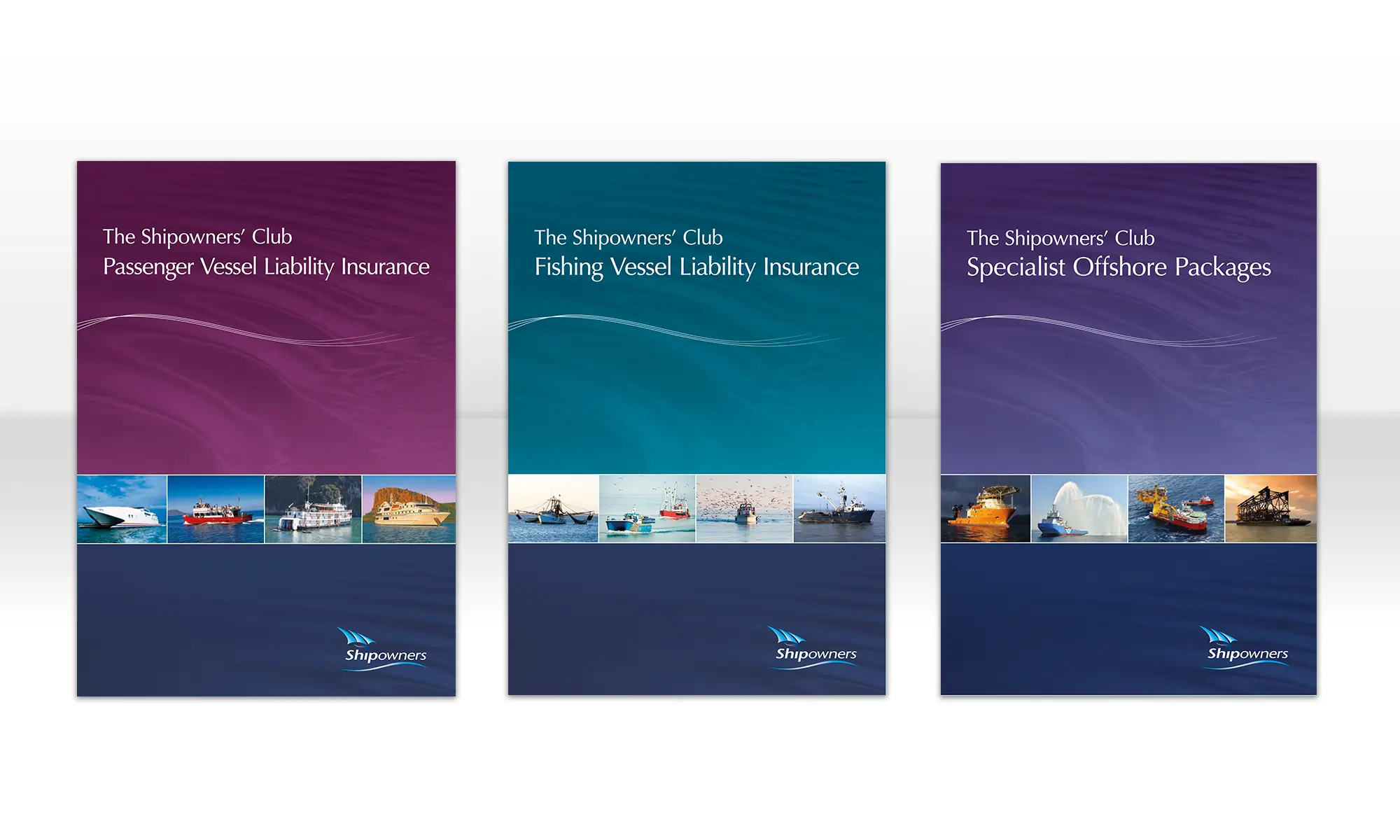 Shipowners insurance brochures for passenger vessel, fishing vessel and offshore packages displayed