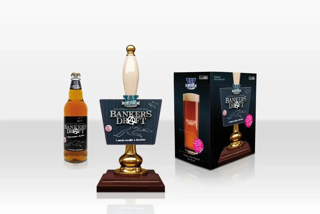 Elegant Bankers Draught beer branding with bottle pump and packaging on sleek background.