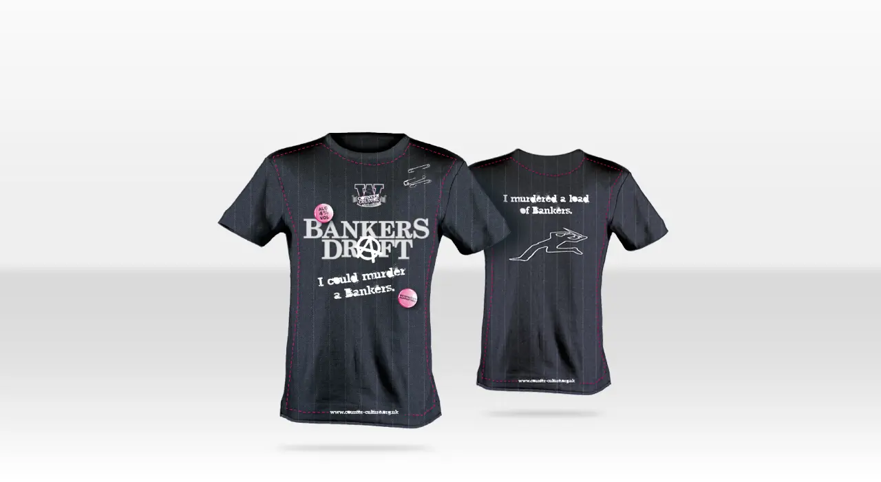 Bankers Draught Merchandise - Tshirts showcasing humorous text and unique design elements in black colour.