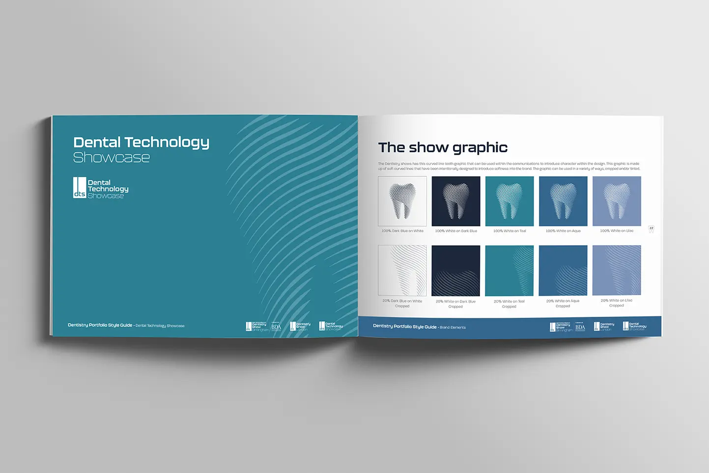 Brand Guidelines showcasing dental technology graphics in a sleek open brochure layout.