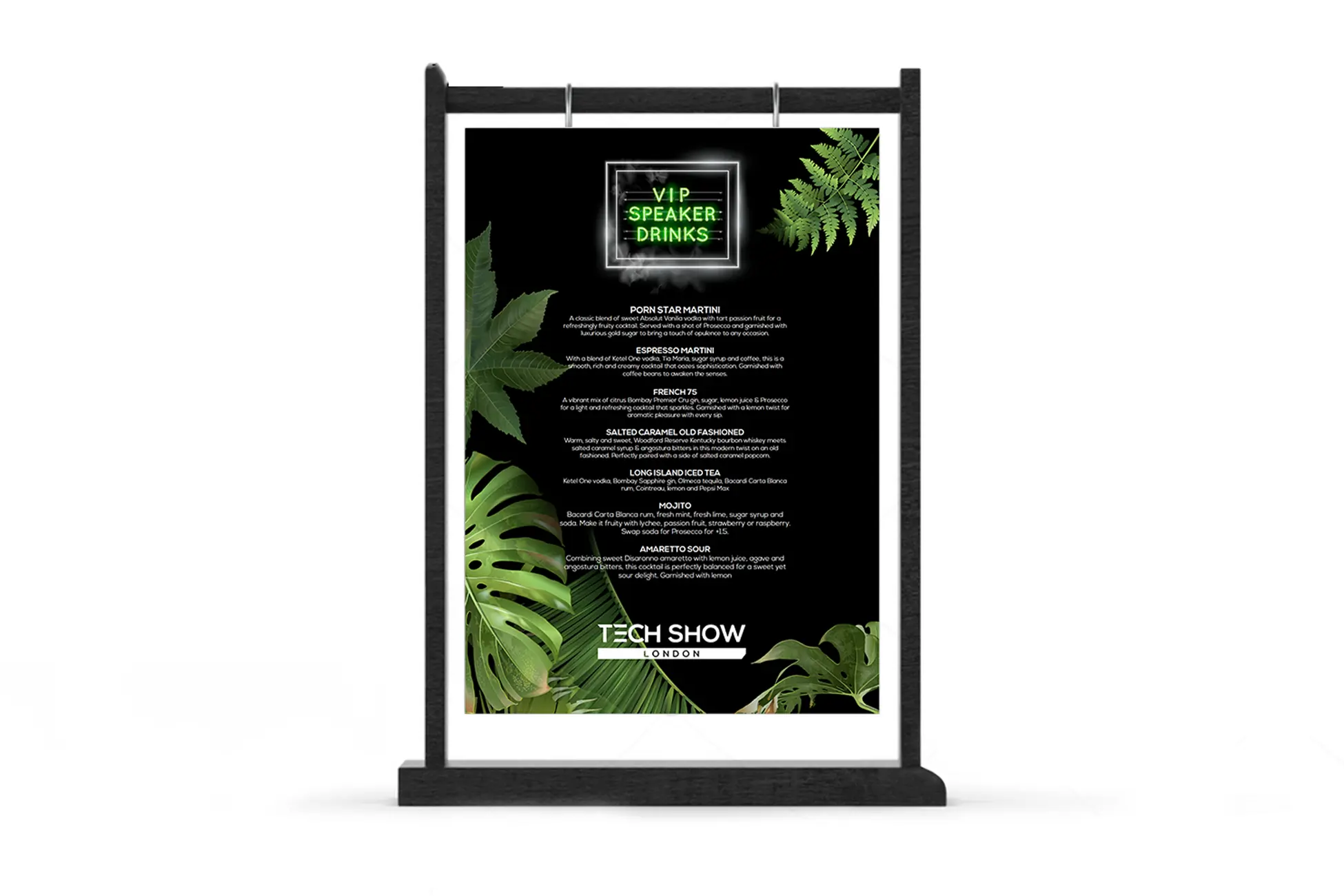 Tech Show VIP speaker drink menu with green leaves and neon details