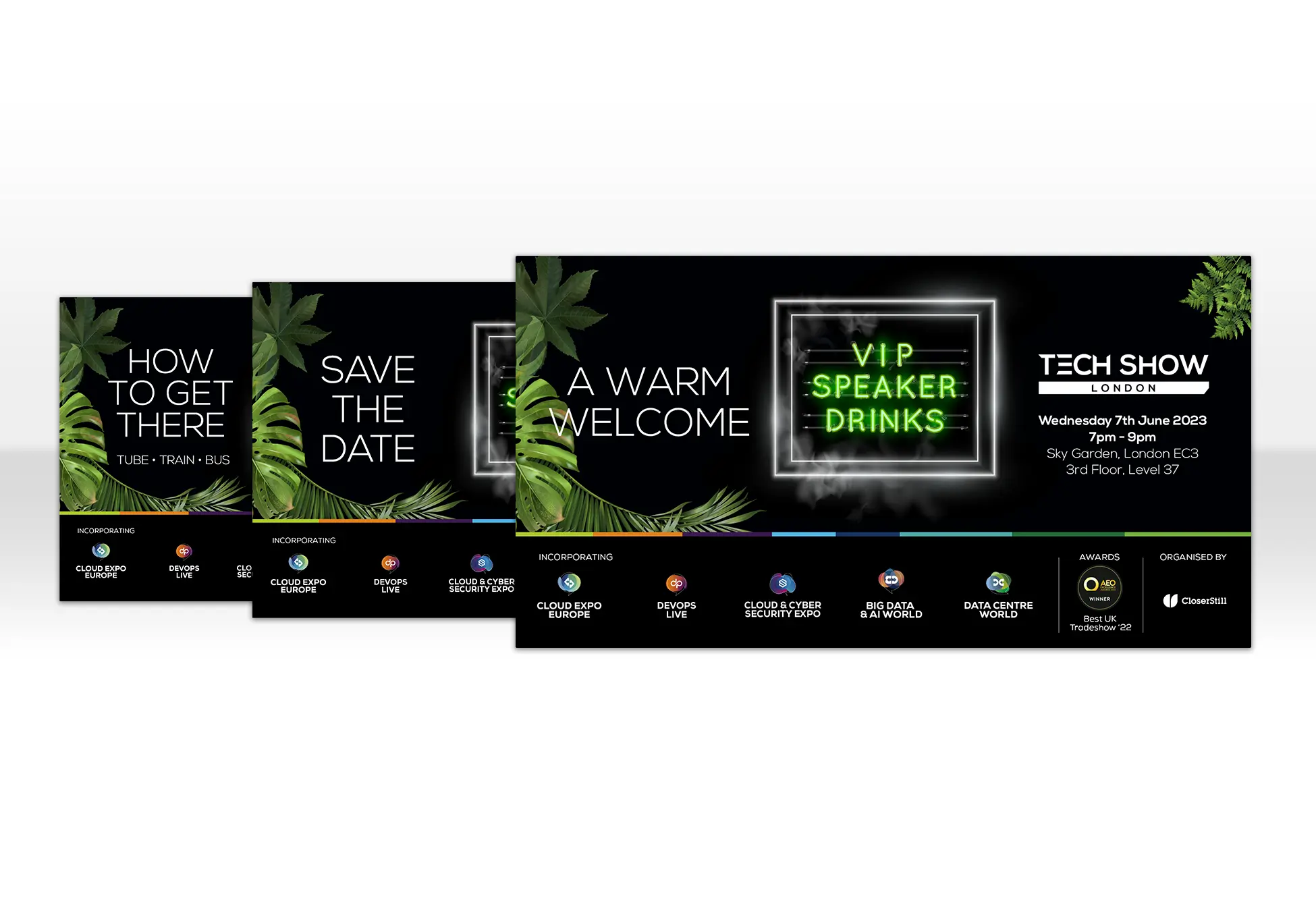 Event social media banners showing tech show date location with VIP speaker drinks highlighted