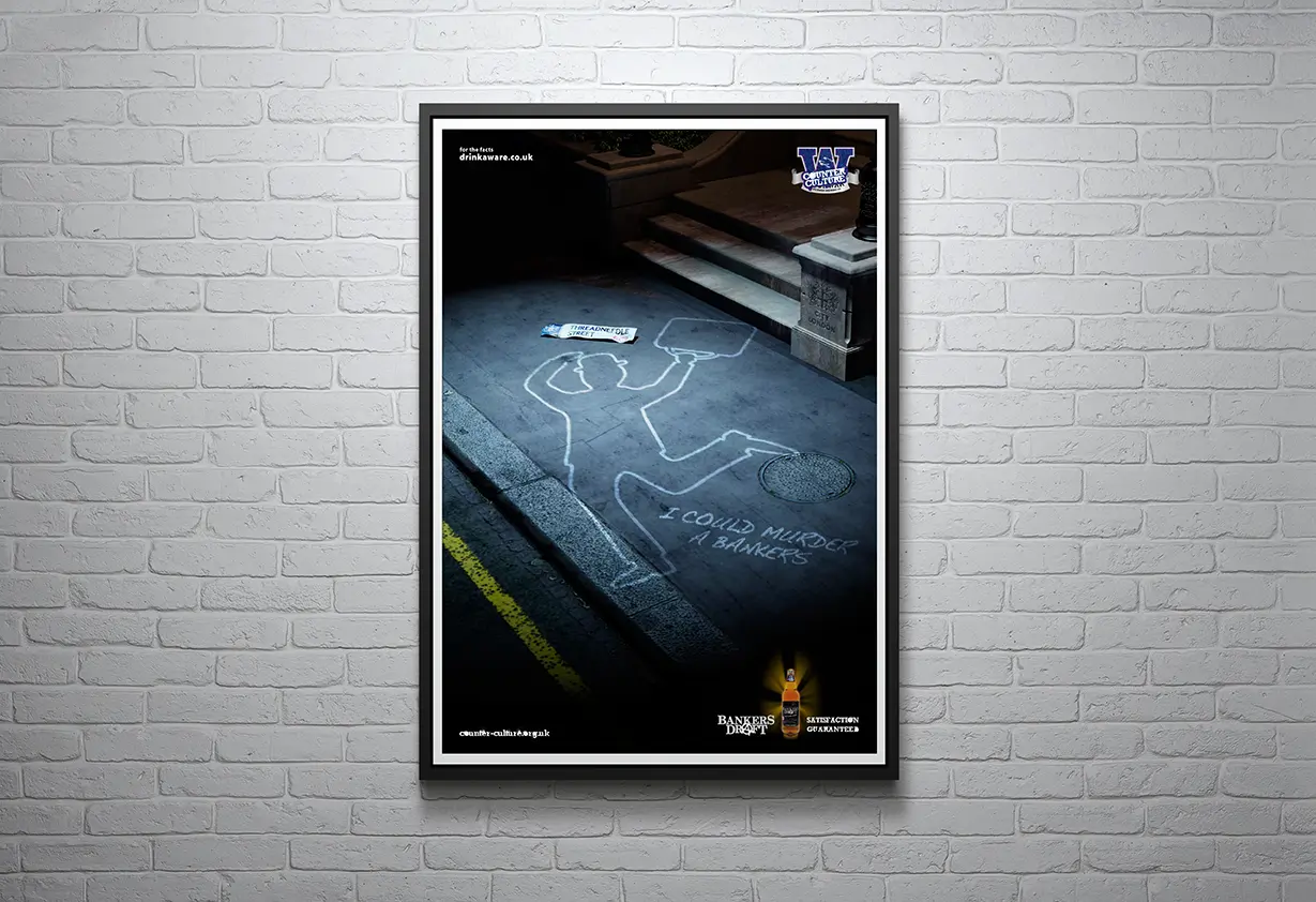 Bankers Draft Advertising concept - Street art design of a chalk outline with accessories on an urban sidewalk at night