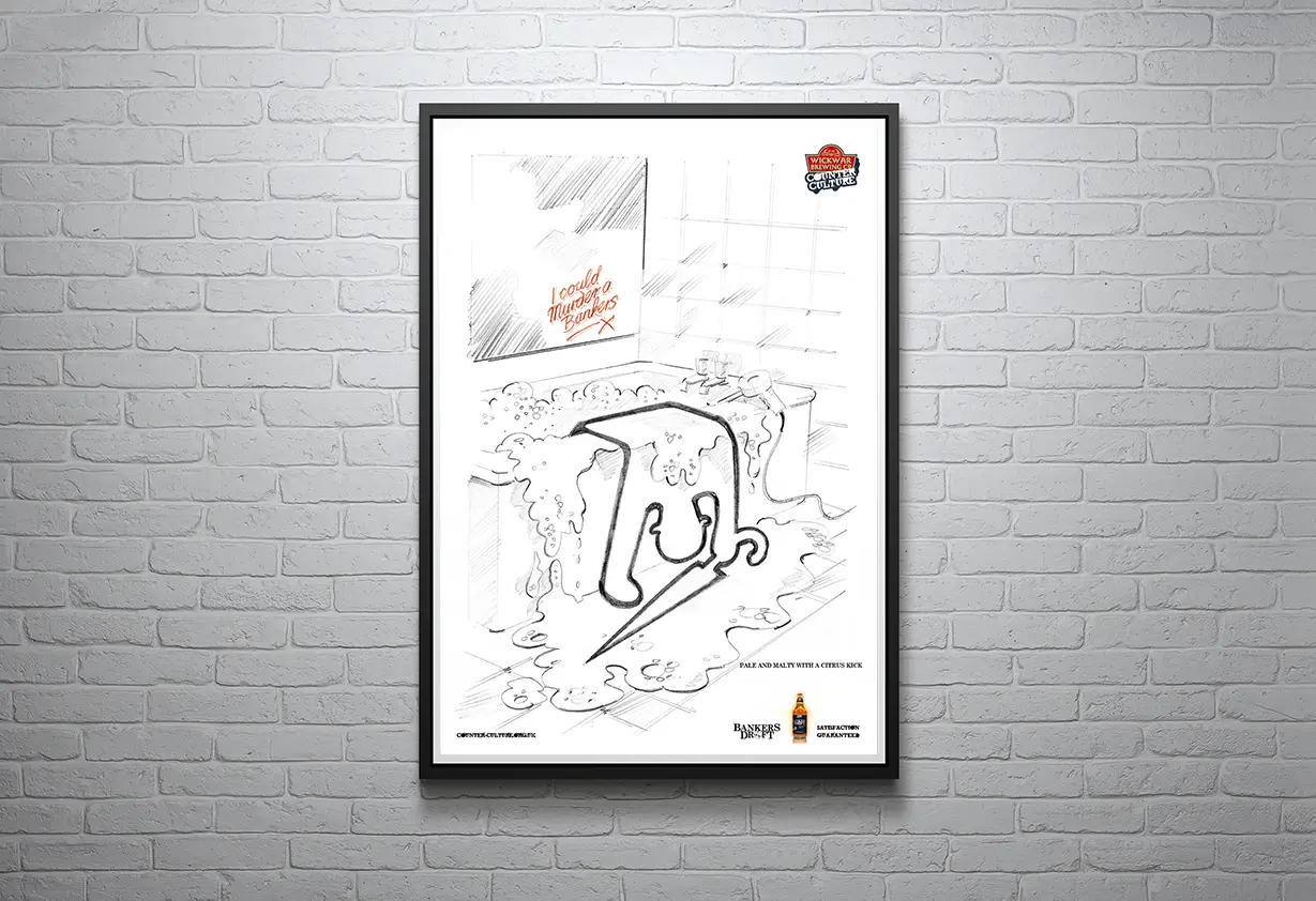 WarmRed Creative art poster with an illustrated melting faucet design on a white brick wall background for Bankers Draft creative concepts