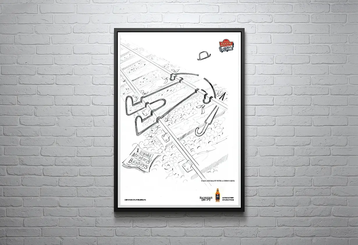 Framed illustration of a minimalist maze design with whimsical doodles on a wall for the bankers draft advertising campaign