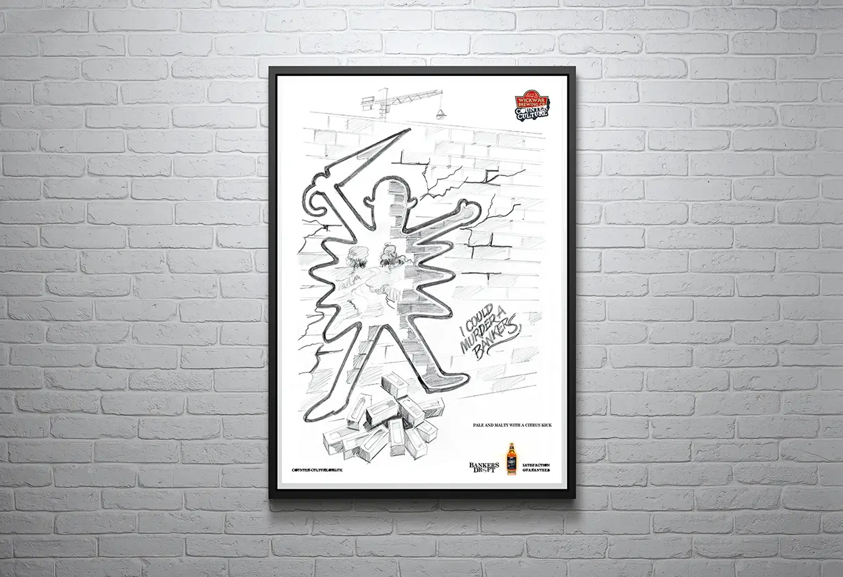 An artistic poster featuring a stylised figure on a brick wall background in a black frame for Wickwar Brewing: Branker's draft ad campaign.