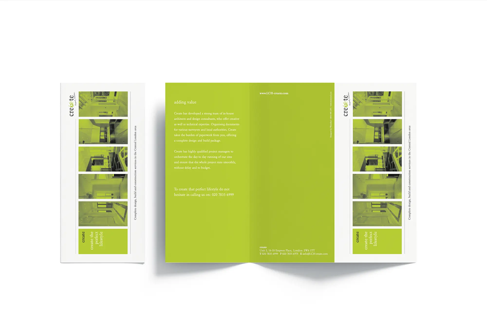 A modern green and white brochure design featuring interior photography and clean layout