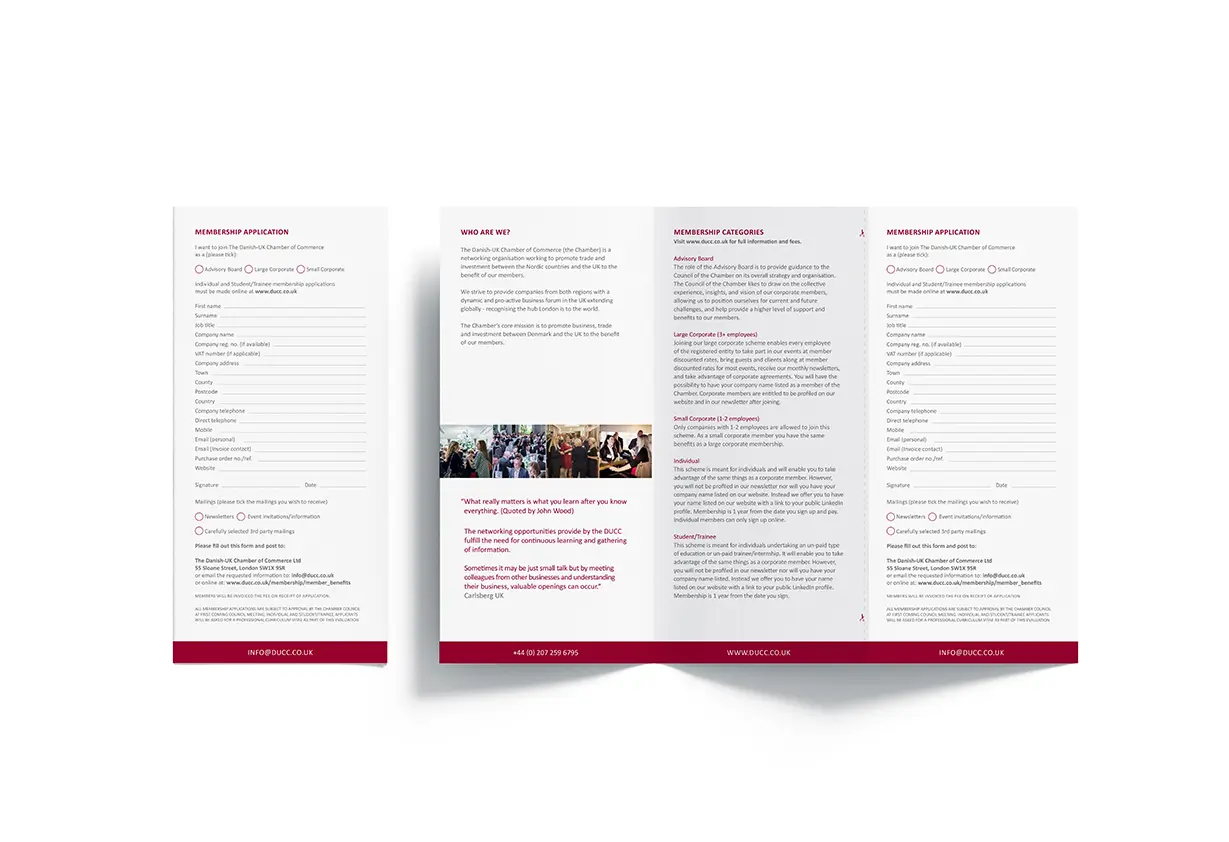 A DL Leaflet design featuring a tri-fold layout with text details on programs and courses in a sleek format with accents in red and white.