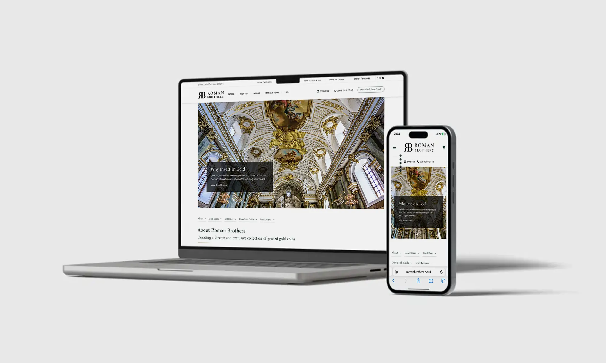 SEO - A sleek website design displayed on a laptop and smartphone showcasing the intricate architecture of a cathedral interior with rich details.