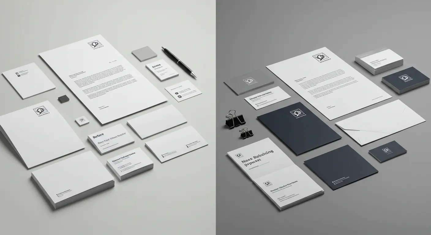 Before and after rebranding examples for a business in Tunbridge Wells showing new logo and updated visual identity