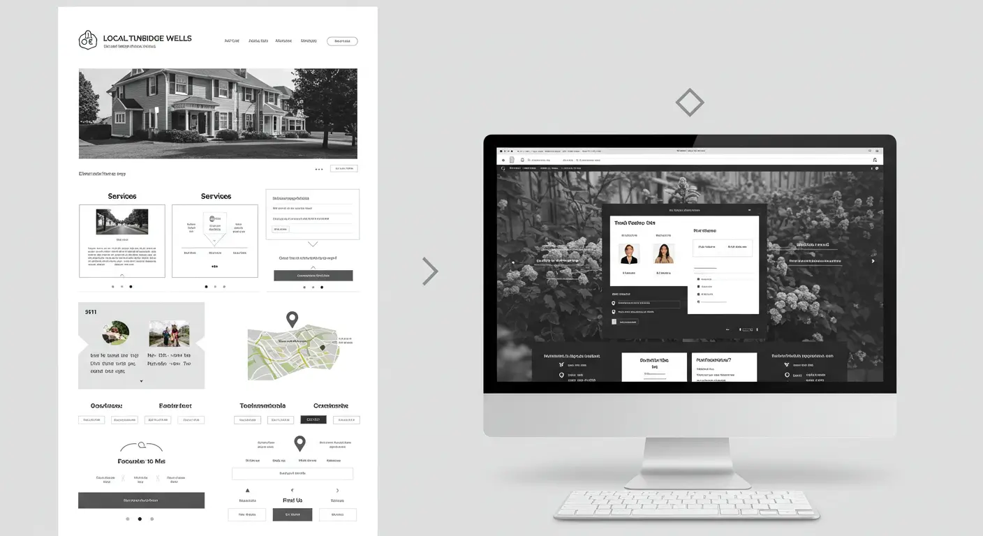 Wireframe mockup illustrating UX design for a local Tunbridge Wells business website